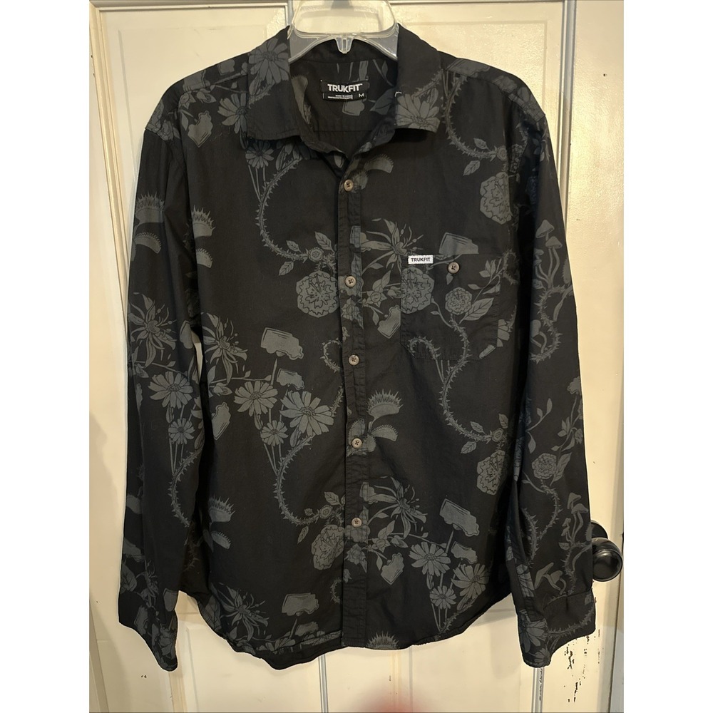 Trukfit Men's Mushroom Floral Button Down Shirt Roll Up adjustable Sleeves Sz M
